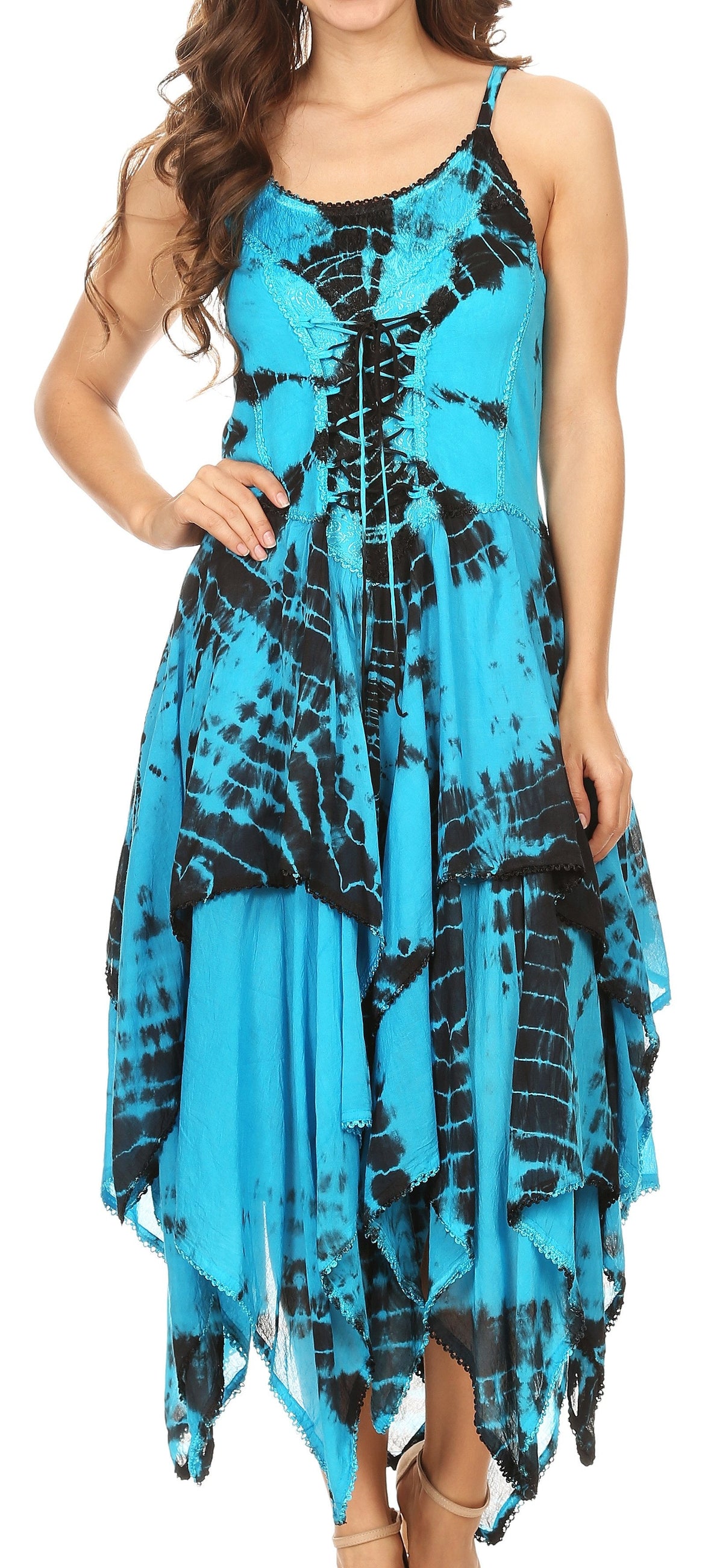 Blue tie-dye corset-style dress with handkerchief hem, spaghetti straps (front view)