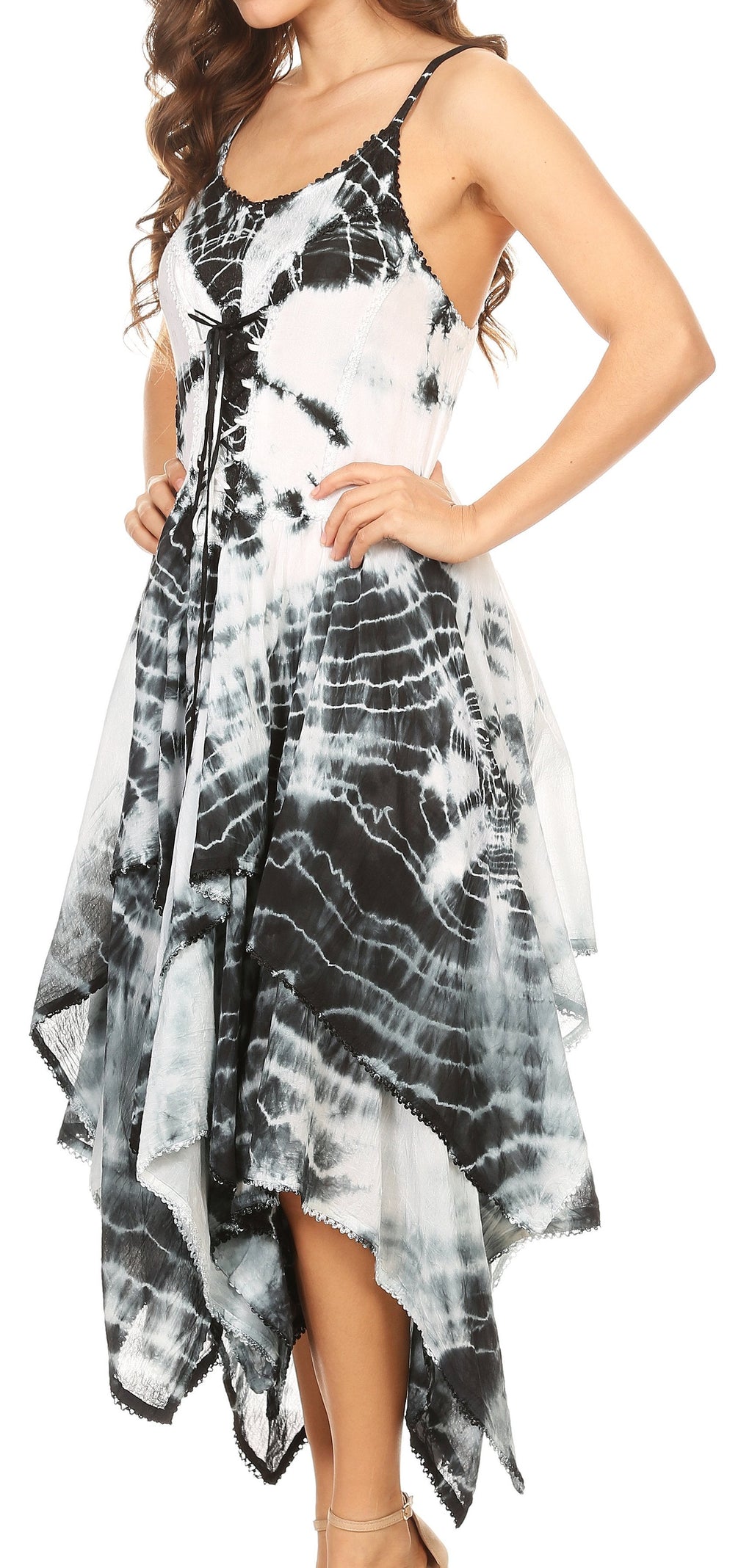 Corset bodice handkerchief hem dress with spaghetti straps, black-and-white tie-dye, layered hem