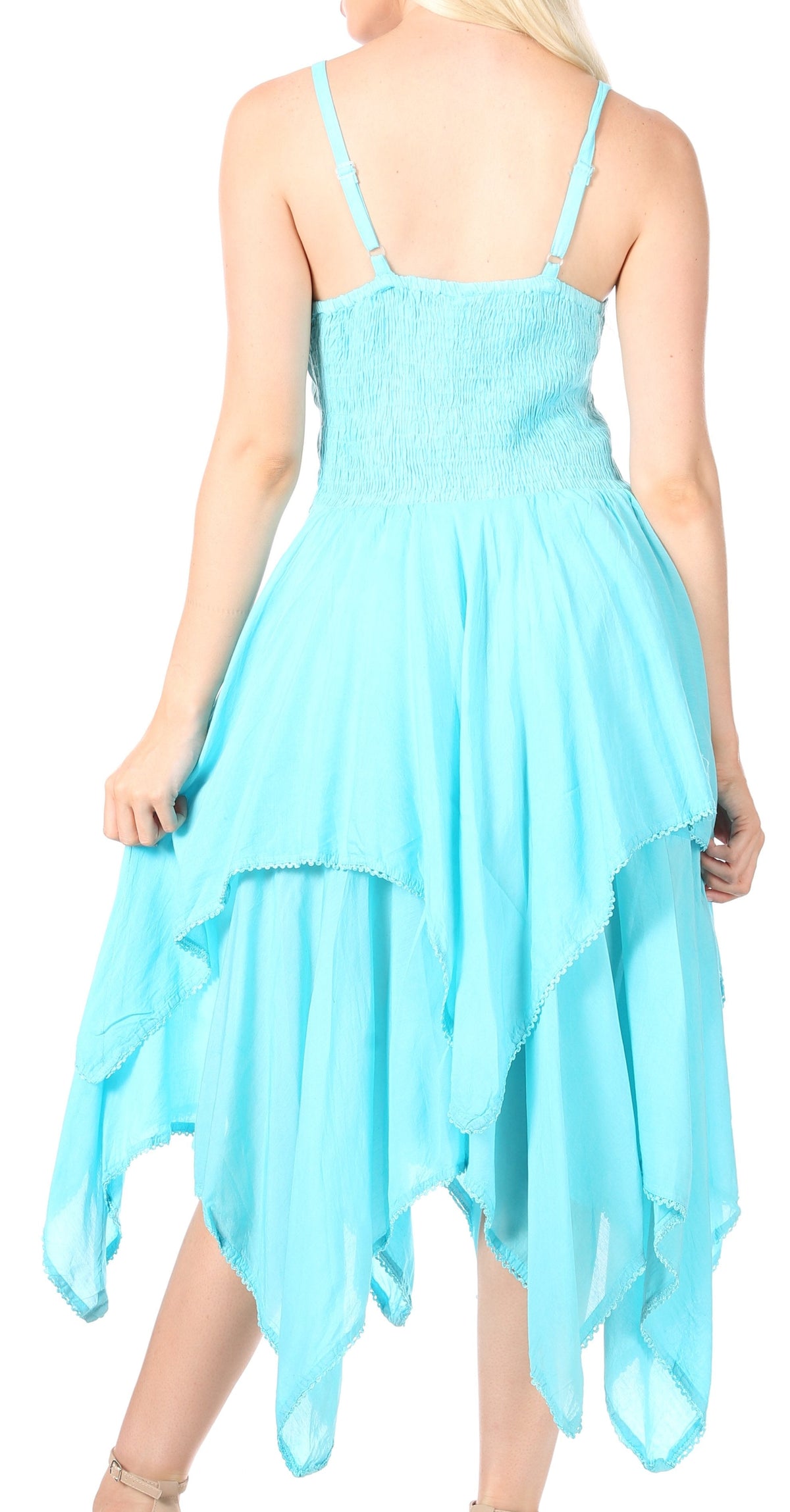 Back view lightweight handkerchief hem dress with corset-style bodice, light blue