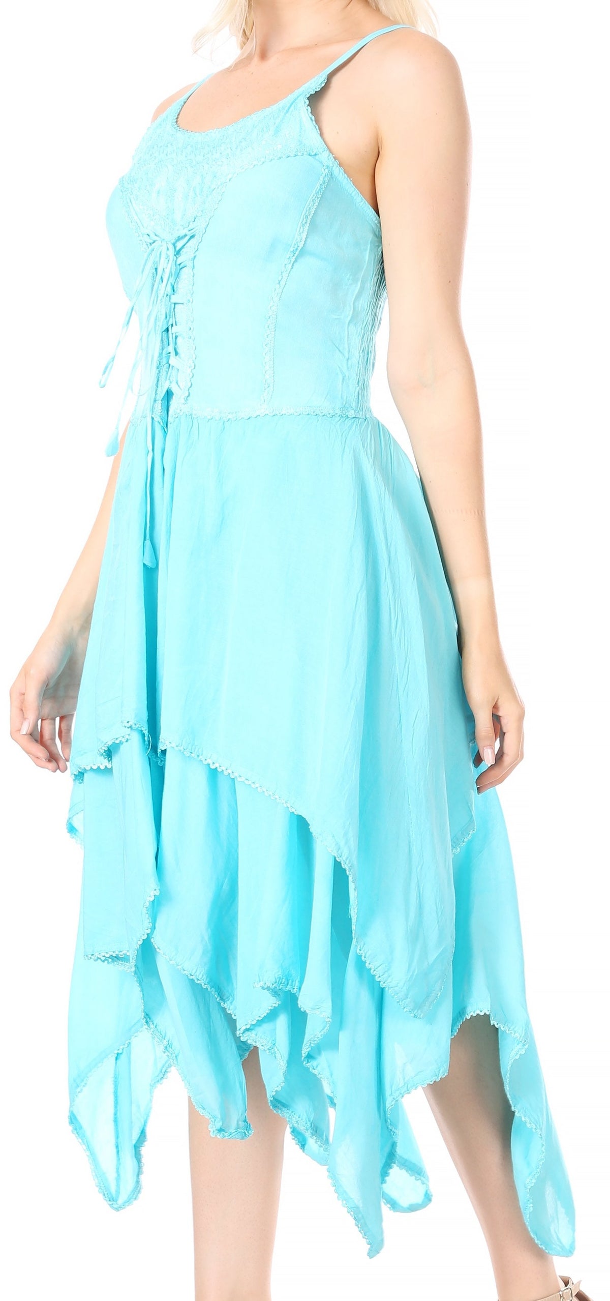 Lightweight handkerchief hem dress with corset-style bodice, light blue, side angle