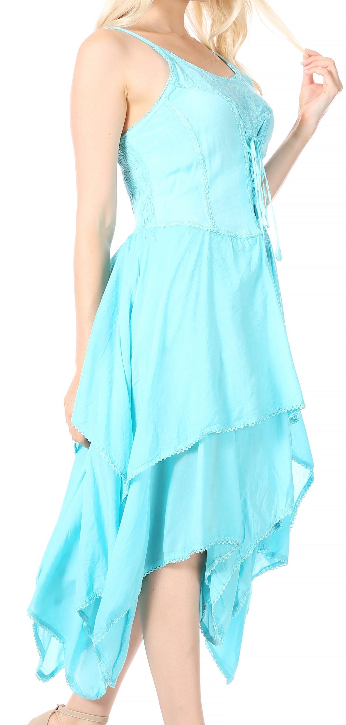 Lightweight handkerchief hem dress with corset-style bodice and asymmetrical ruffles, light blue