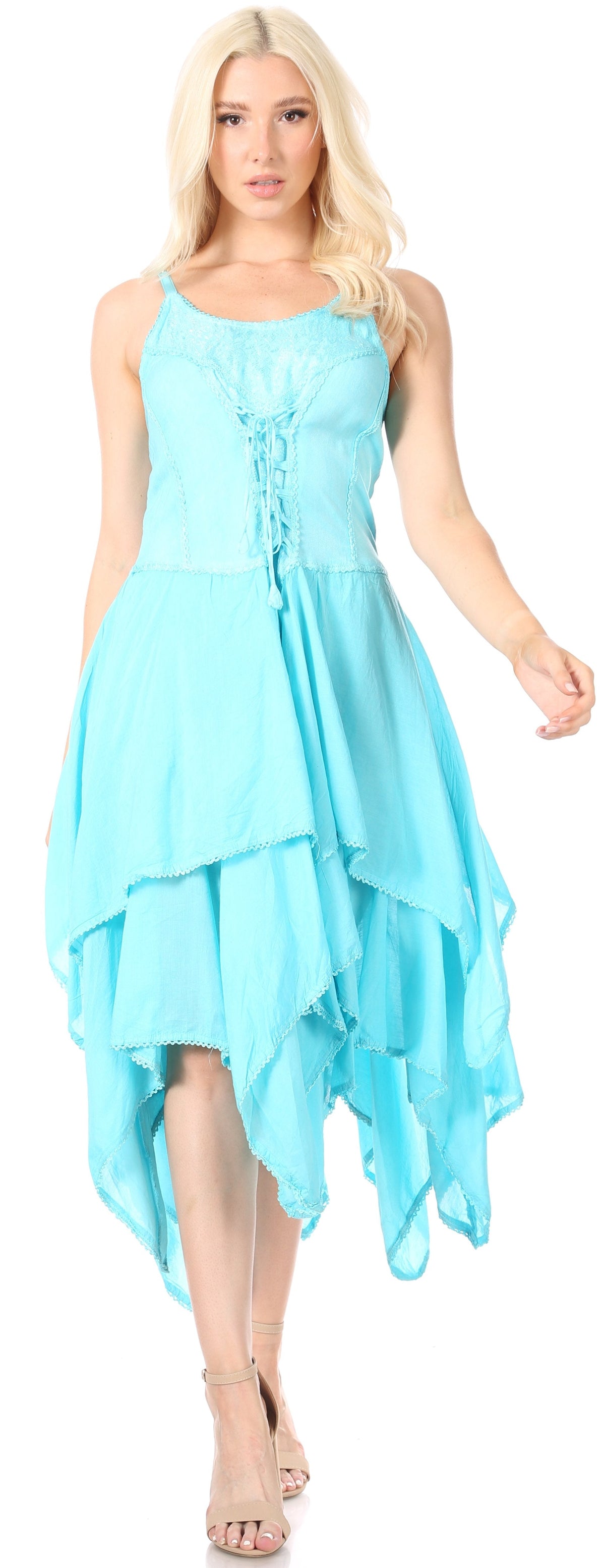 Lightweight handkerchief hem dress with corset-style bodice, spaghetti straps, light blue