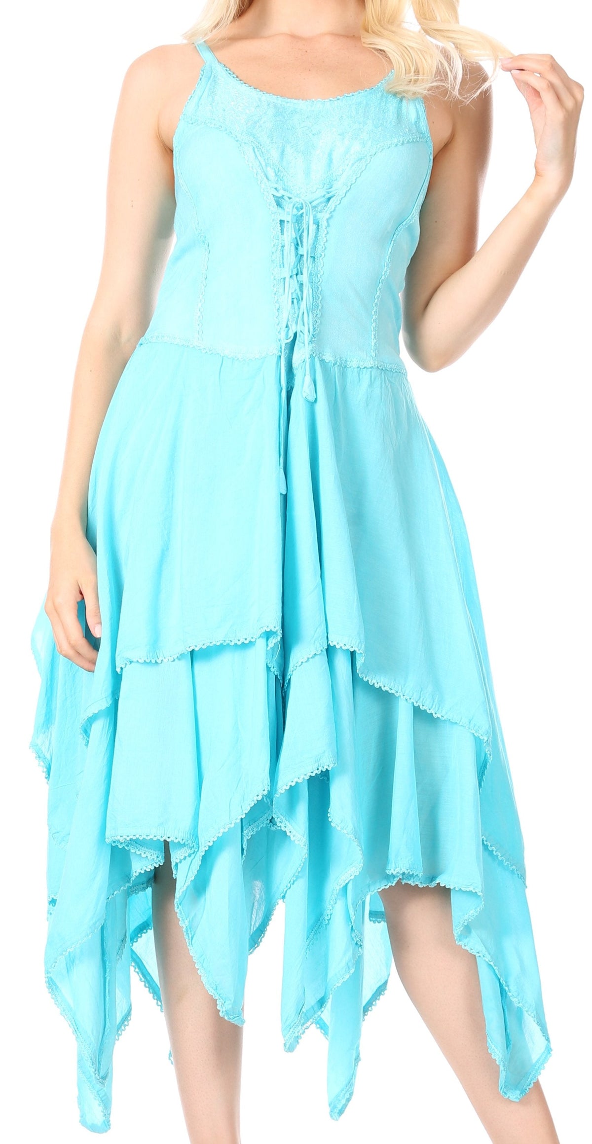 Lightweight handkerchief hem dress with corset-style bodice and spaghetti straps, light blue