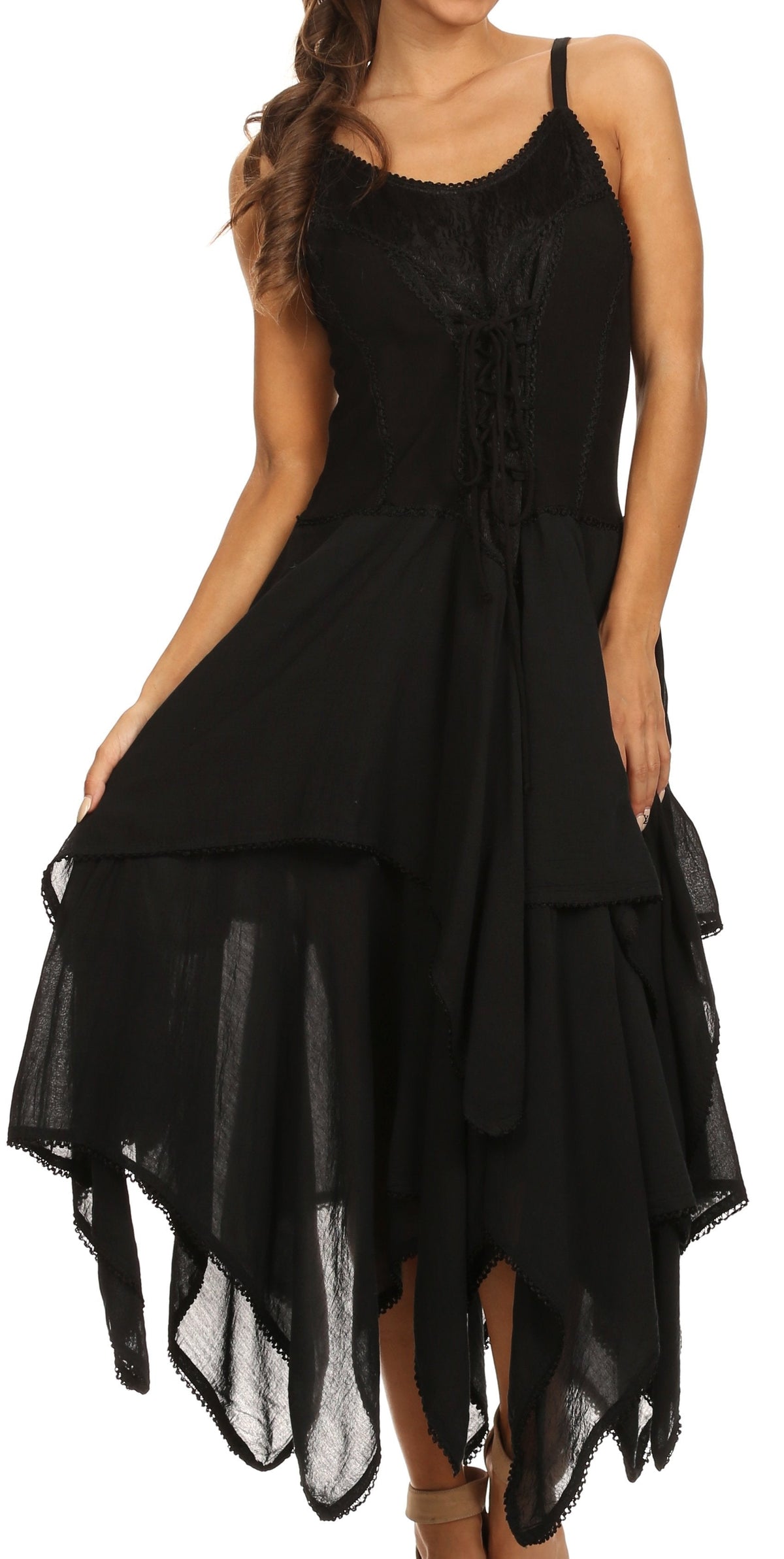 Lightweight handkerchief hem dress with corset-style bodice and spaghetti straps, black