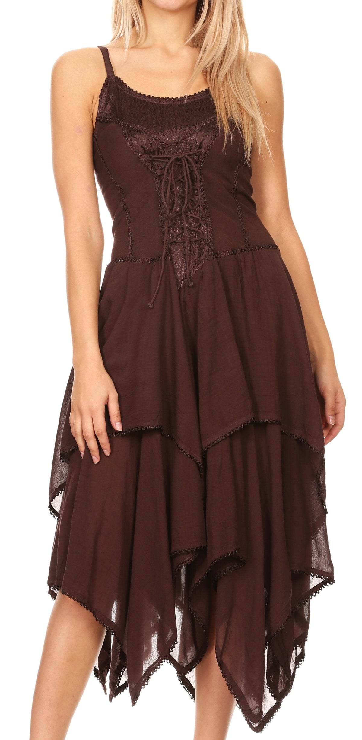 Brown corset-style sleeveless dress with lace-up front and layered handkerchief hem