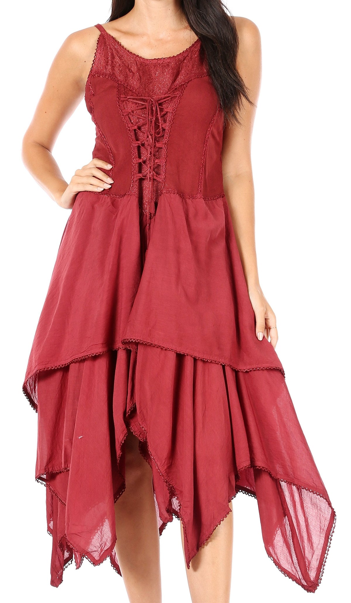 Burgundy sleeveless corset-style dress with lace-up front and layered handkerchief hem
