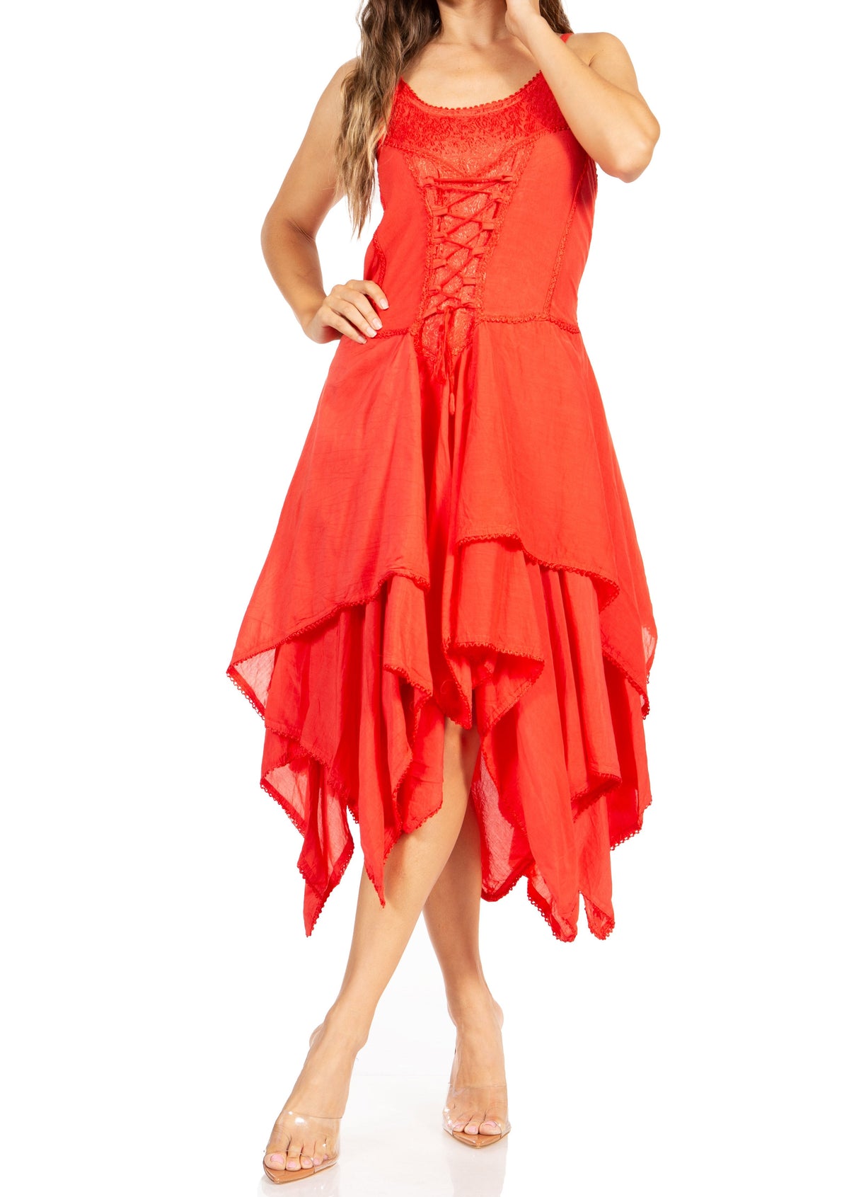 Coral red jacquard corset-style dress with handkerchief hem and ruffled layers