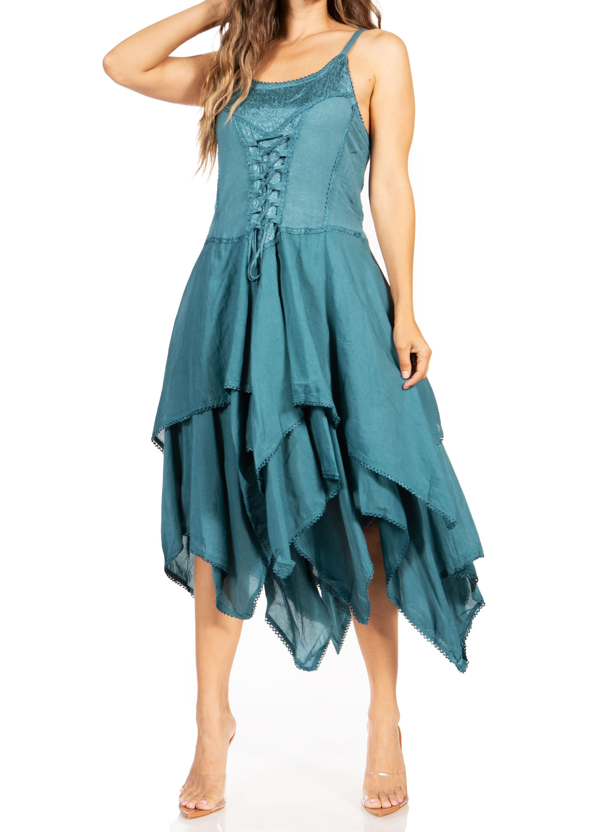 Lightweight corset-style handkerchief hem dress in teal blue, front view with lace-up detail