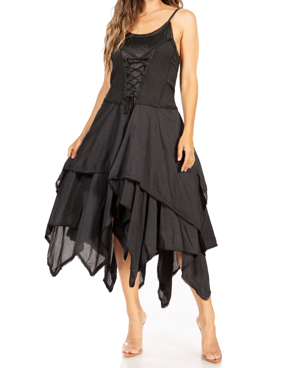 Black corset-style bodice dress with lace-up detail and layered handkerchief hem