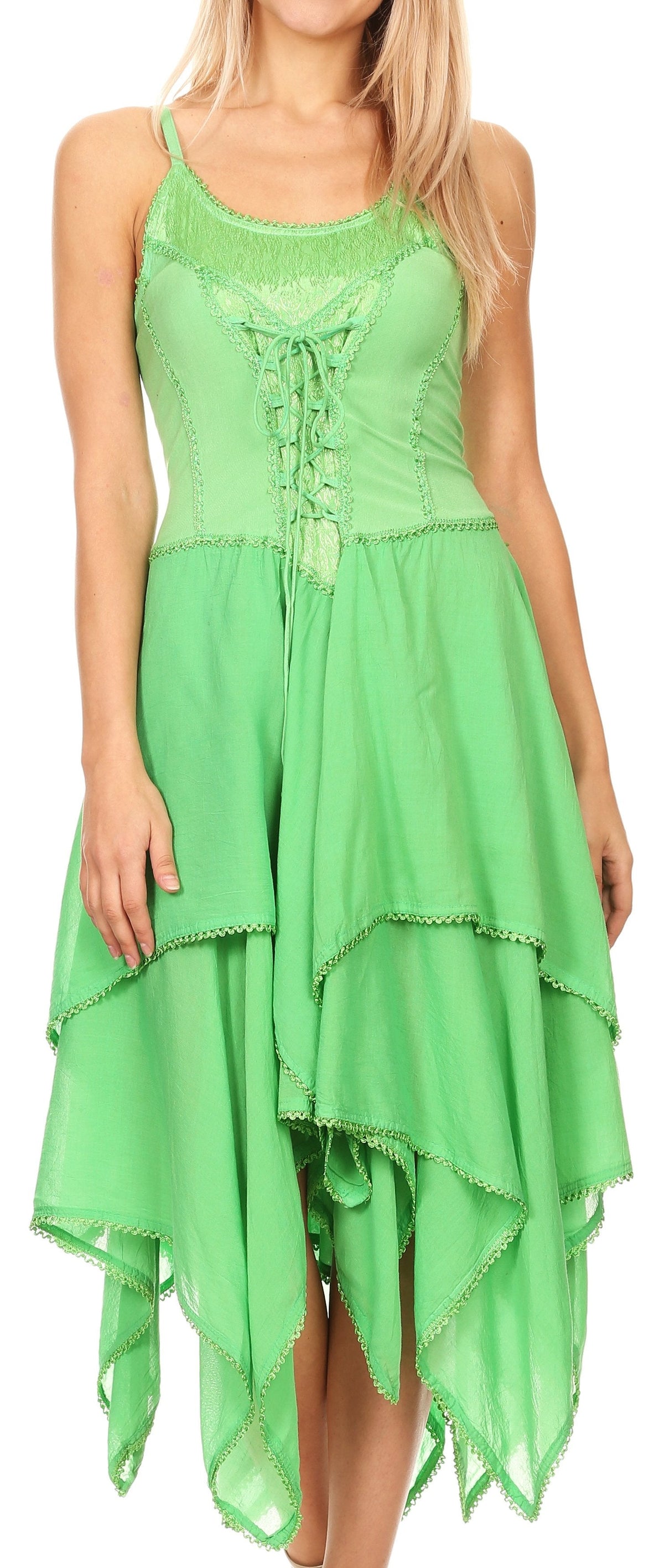 Green corset-style handkerchief hem dress with lace-up bodice detail and ruffles