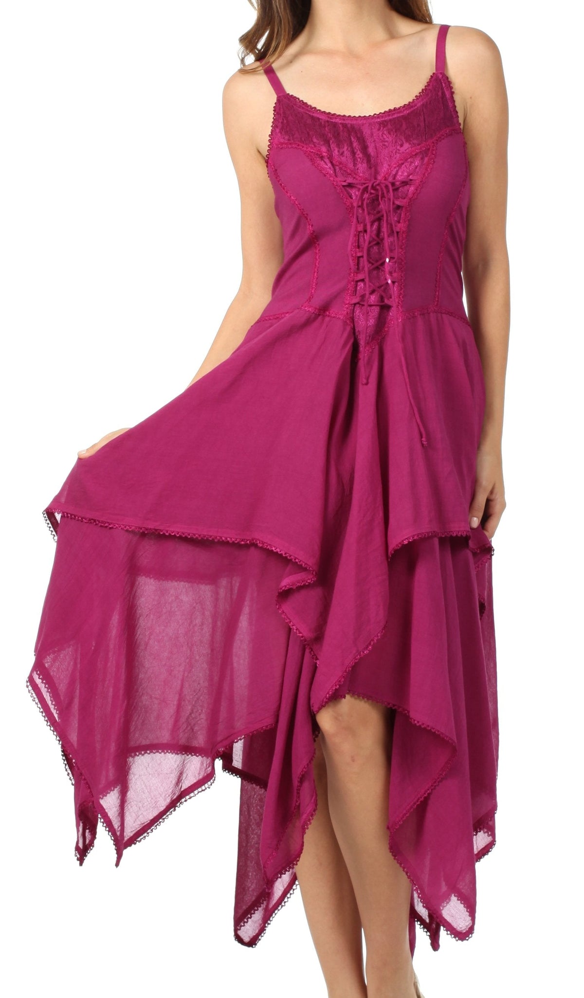 Magenta corset-style bodice handkerchief hem dress with spaghetti straps and tiered ruffles