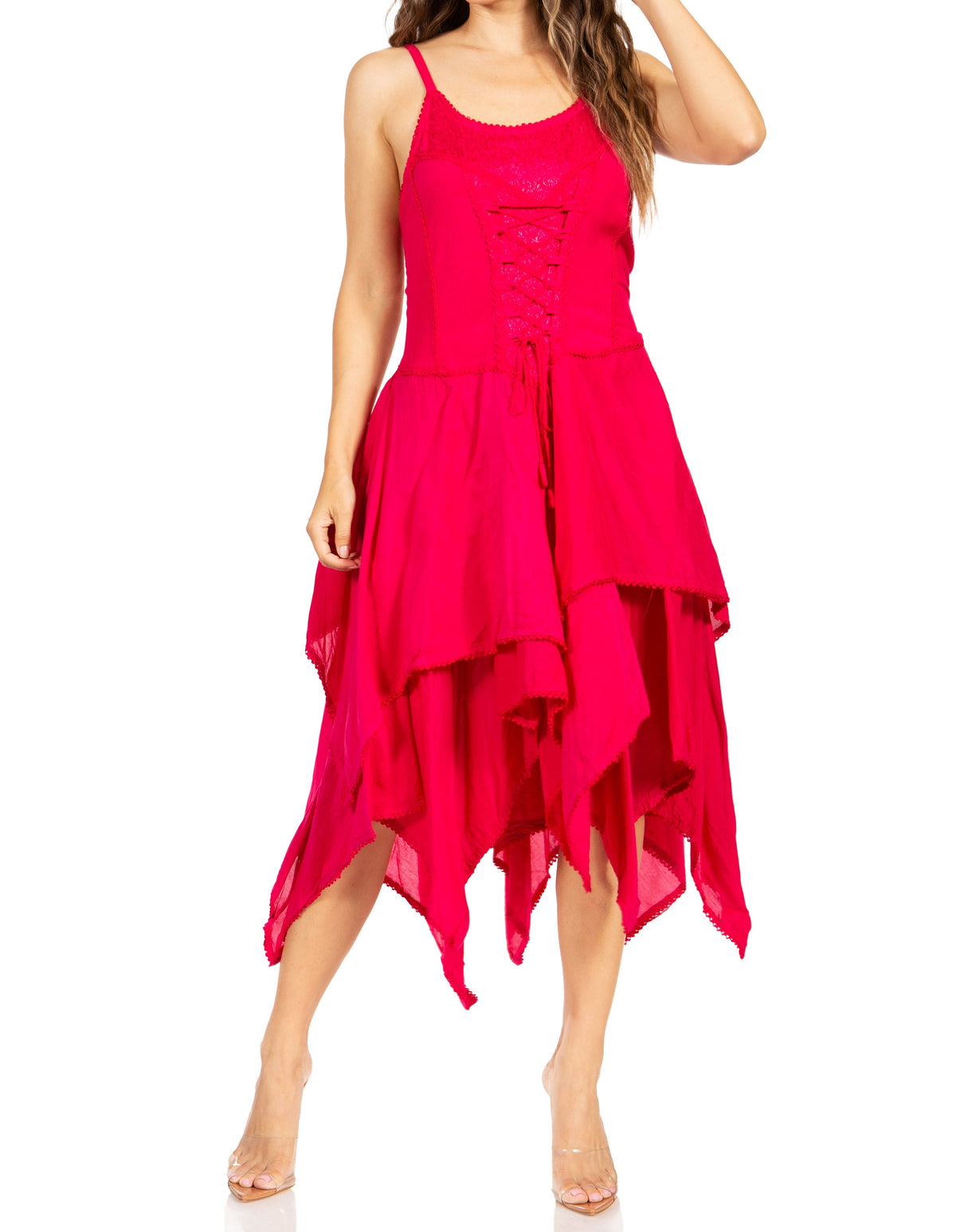 Lightweight corset-style handkerchief hem dress in bright red, tiered asymmetrical skirt