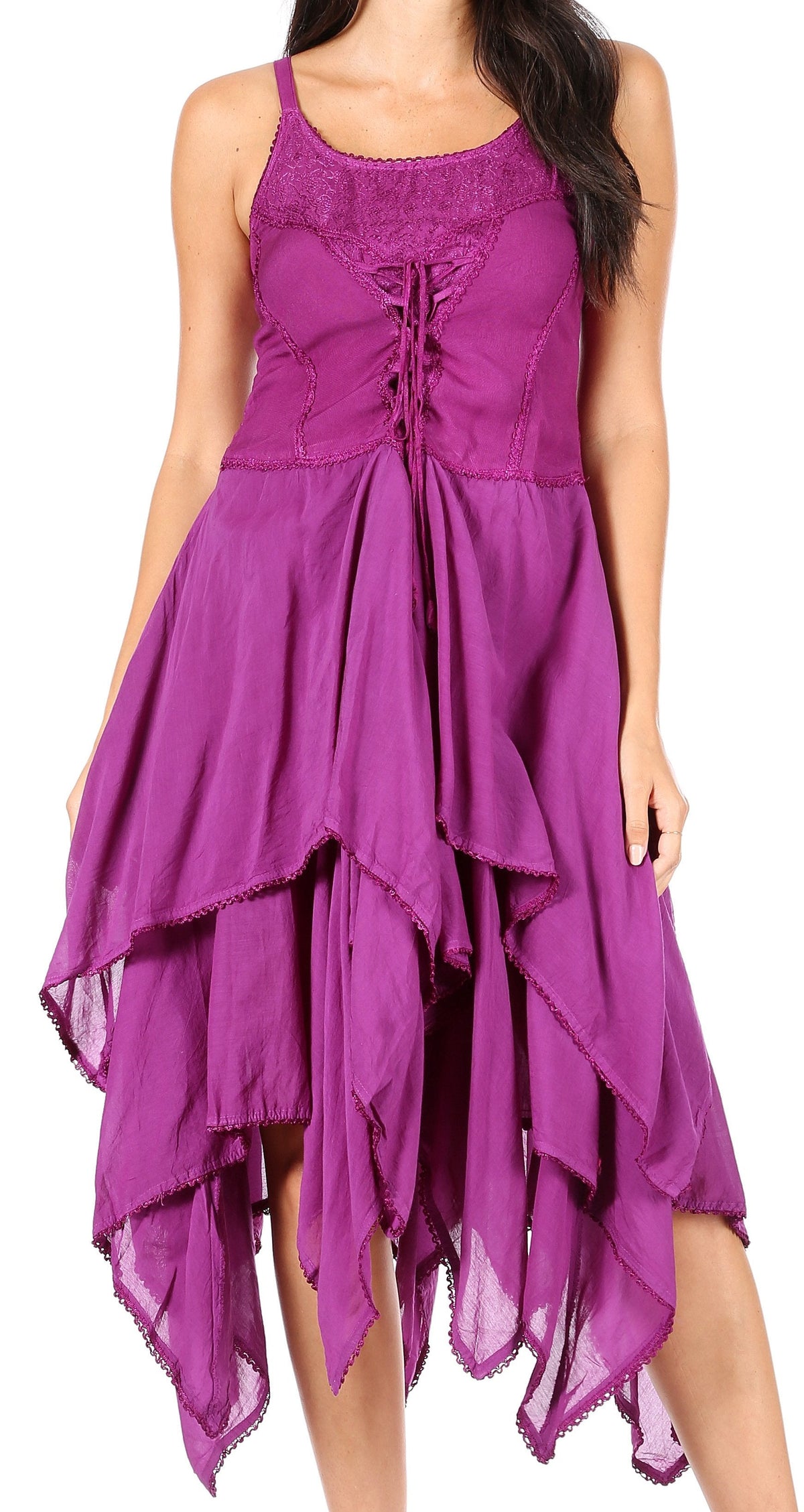 Purple corset-style bodice handkerchief hem dress with sleeveless ruffle layers