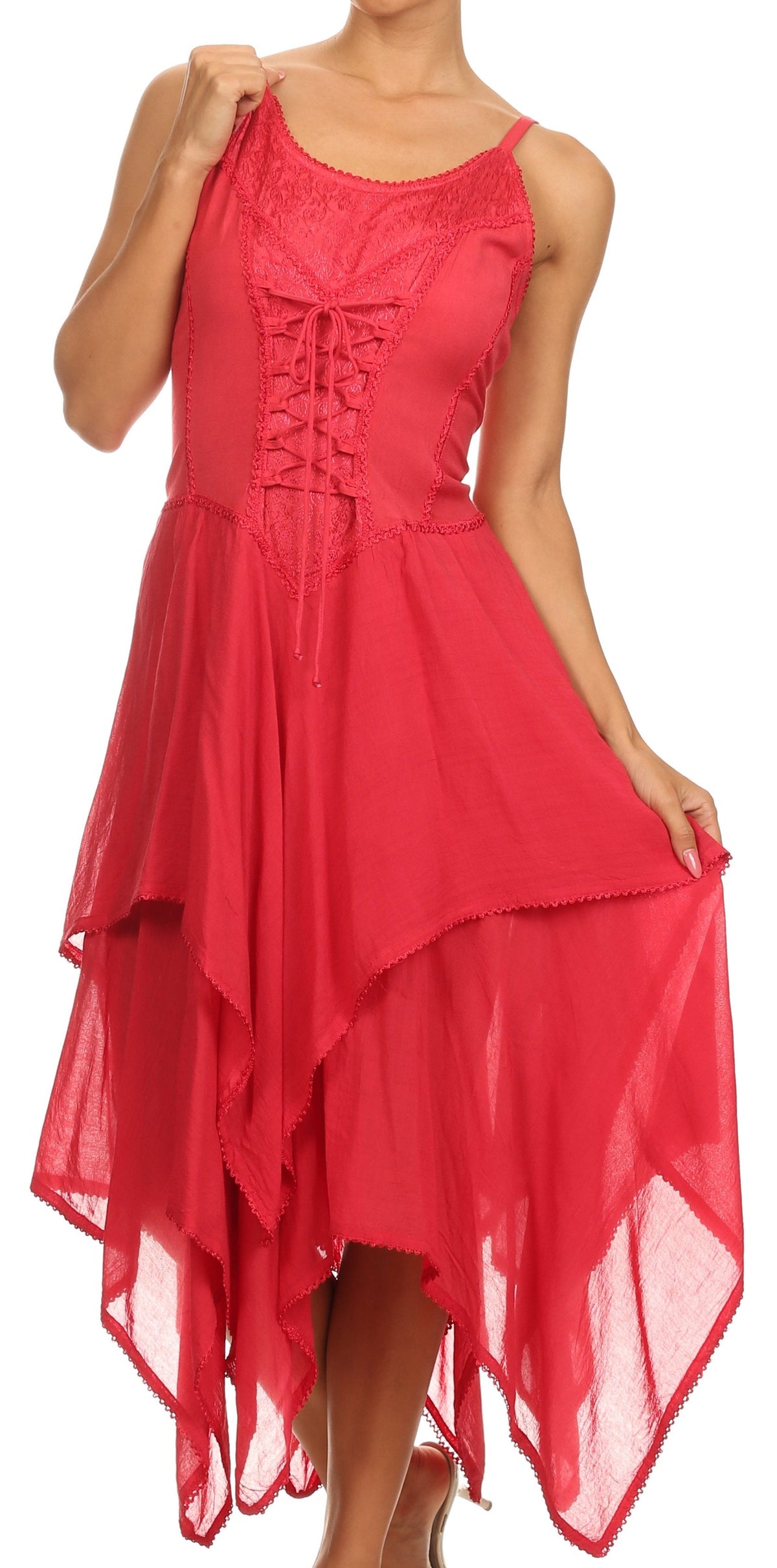 Coral-red sleeveless corset-style bodice handkerchief hem dress with ruffled tiers