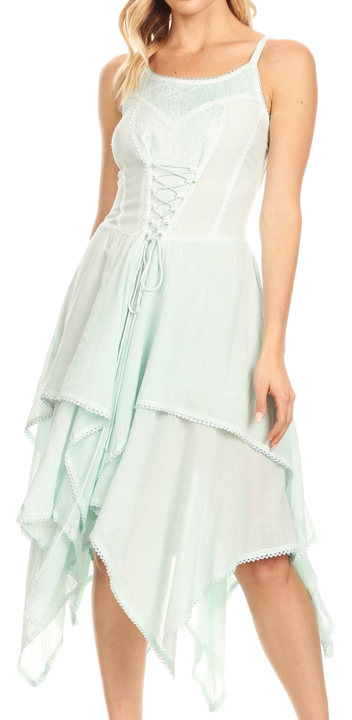Lightweight corset-style dress with spaghetti straps and layered handkerchief hem in mint.