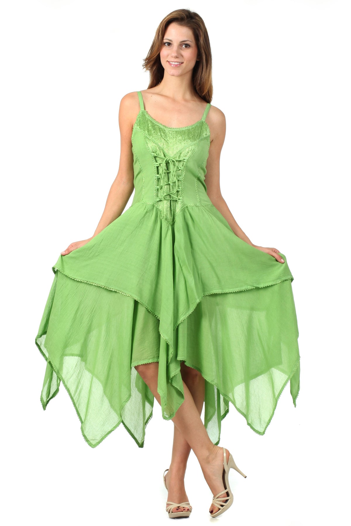 Green corset-style handkerchief hem dress with spaghetti straps and flowing layered skirt.