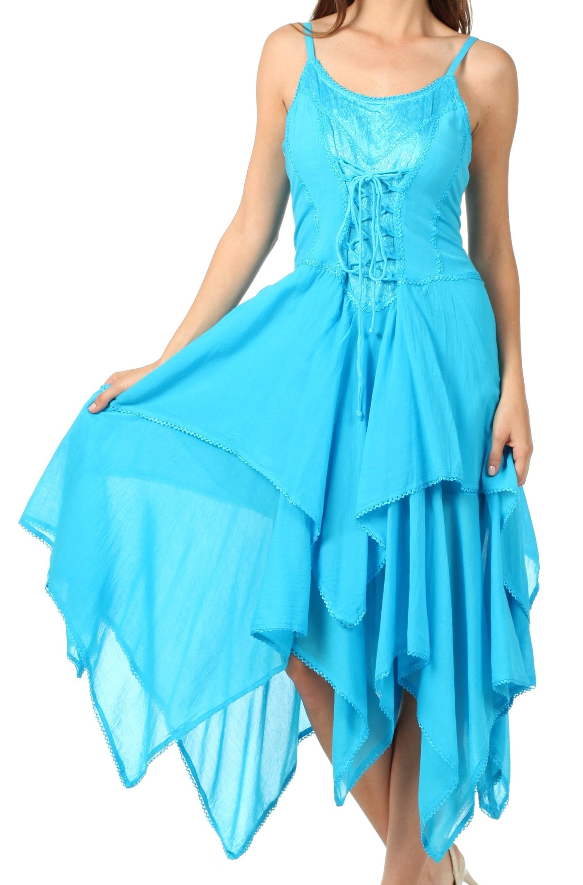 Lightweight handkerchief-hem dress with corset-style bodice, turquoise blue