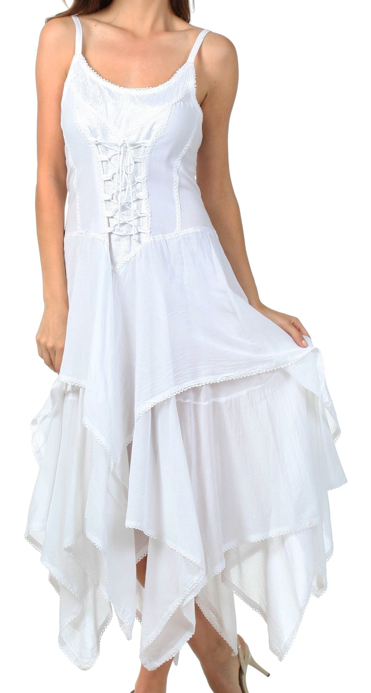 Lightweight handkerchief-hem dress with corset-style bodice, white, front view