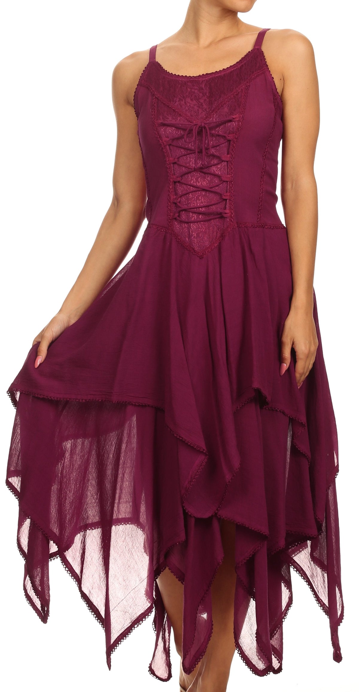 Lightweight corset-style handkerchief hem dress in burgundy, lace-up bodice and tiered layers