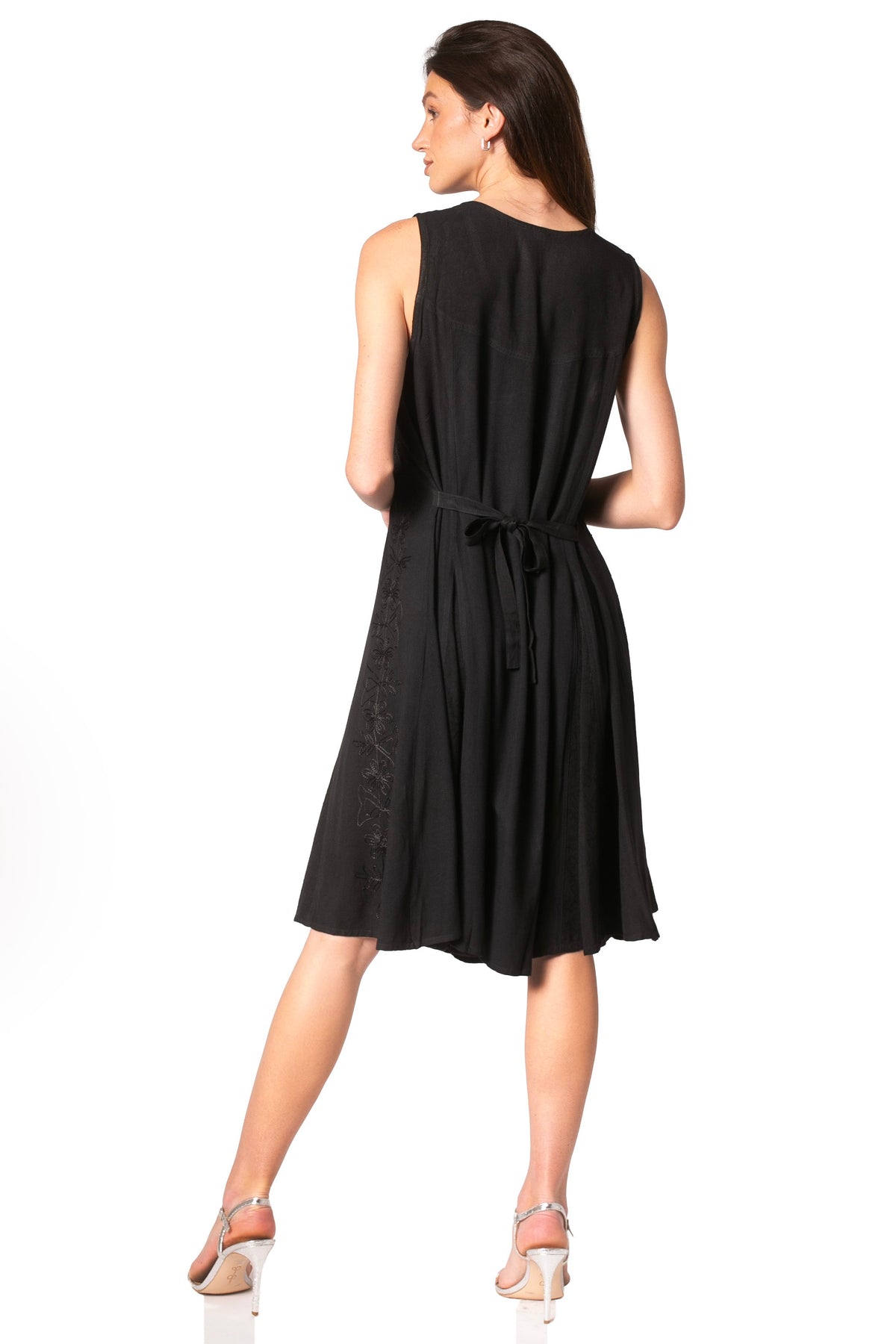 Black sleeveless midi dress with embroidered detailing and tie at back waist
