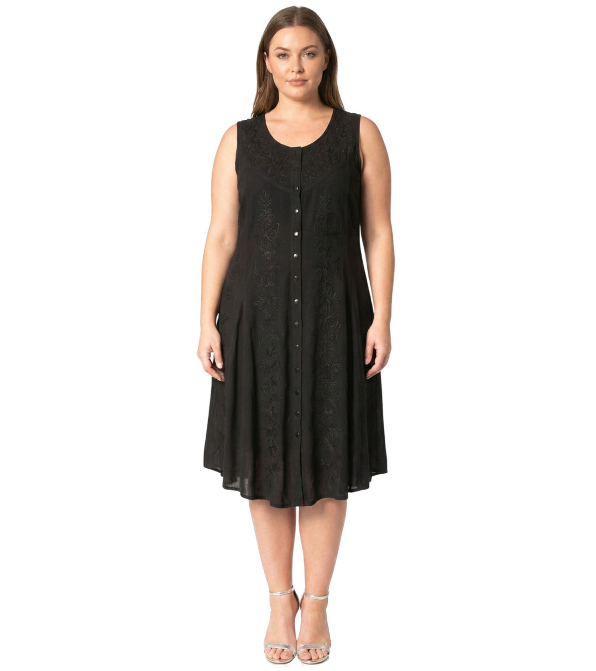 Black sleeveless midi dress with center button front and scattered floral embroidery