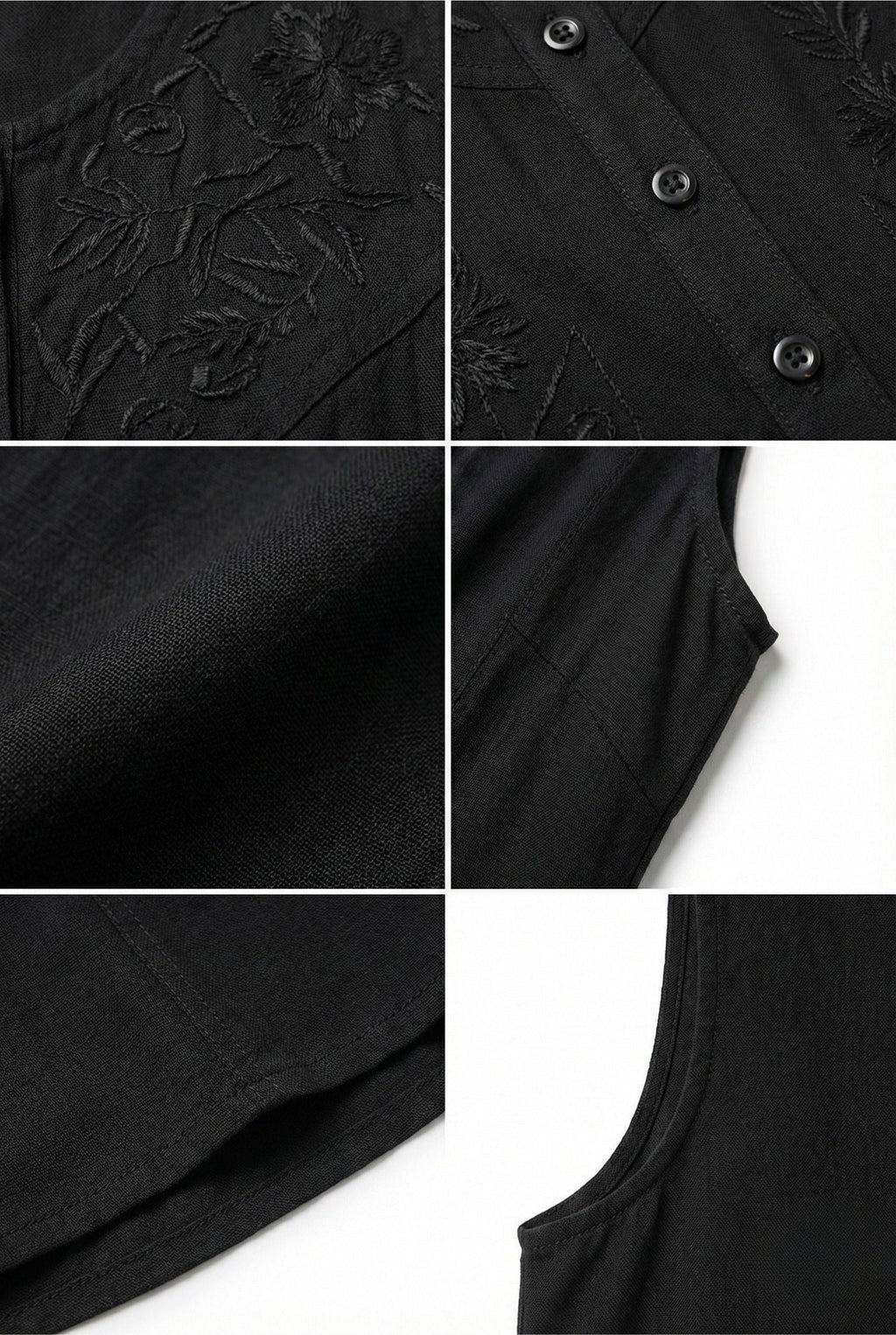 Black rayon dress fabric close-up with floral embroidery and visible button front