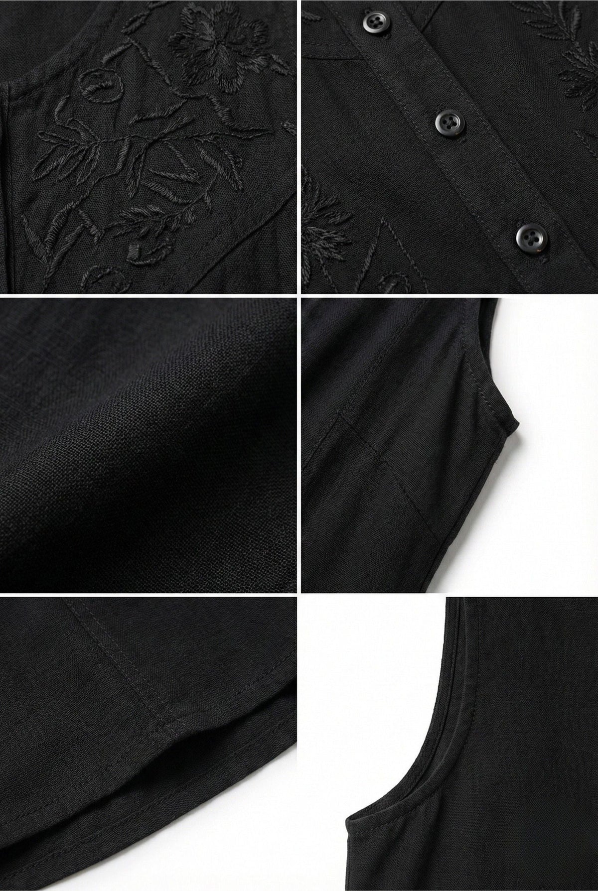 Black rayon dress fabric close-up with floral embroidery and visible button front