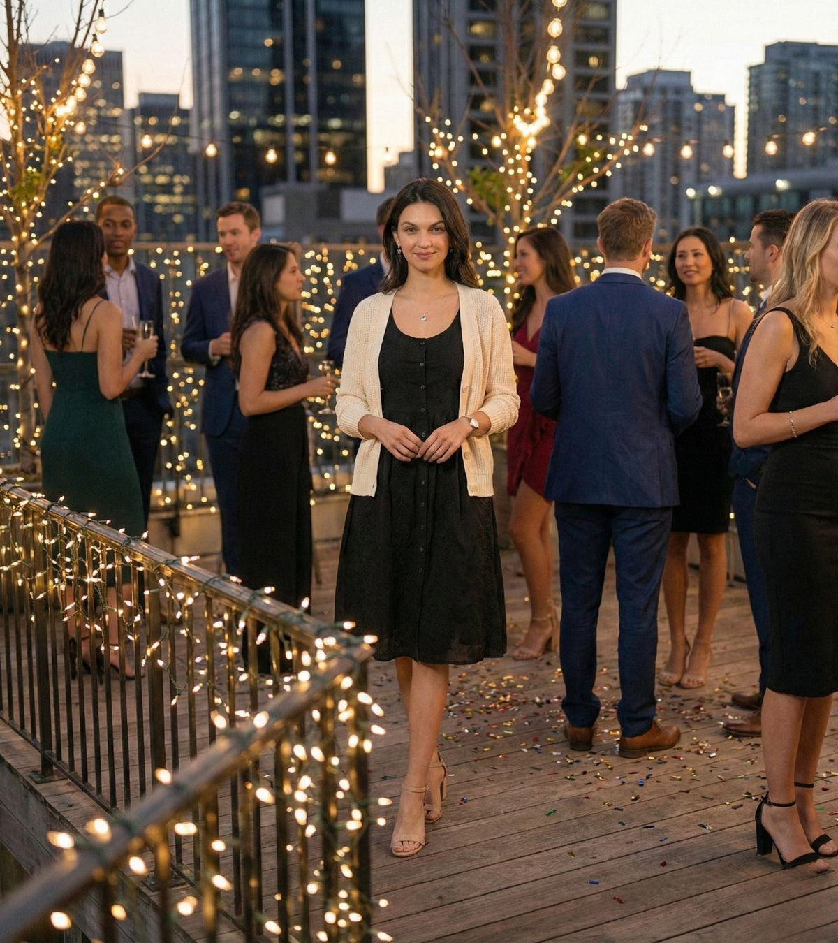 Sleeveless midi dress featuring black embroidered pattern worn in an outdoor event setting