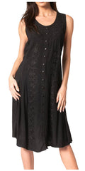 Black sleeveless midi button-up dress with subtle floral embroidery and round neckline