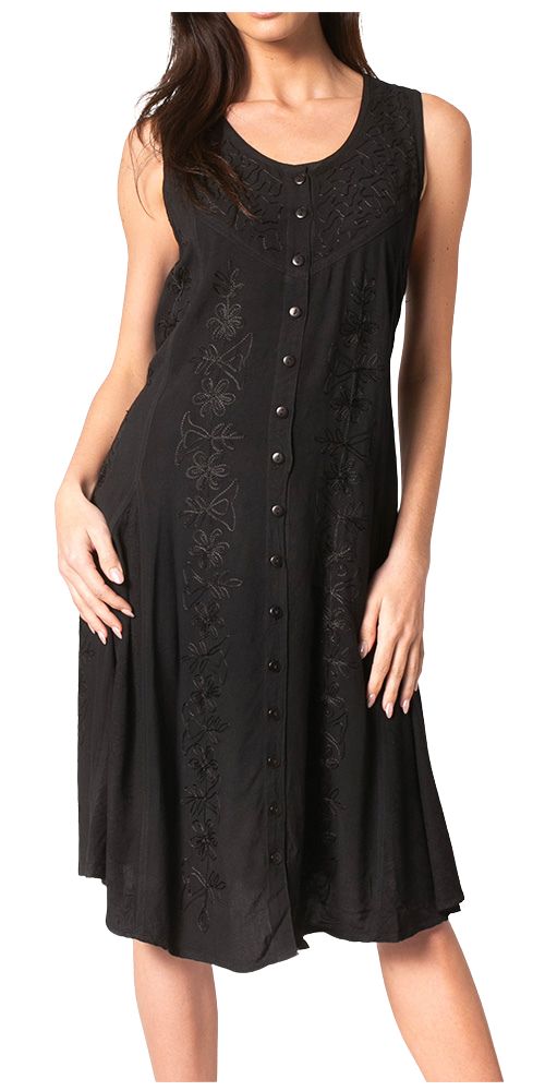 Black sleeveless midi button-up dress with subtle floral embroidery and round neckline