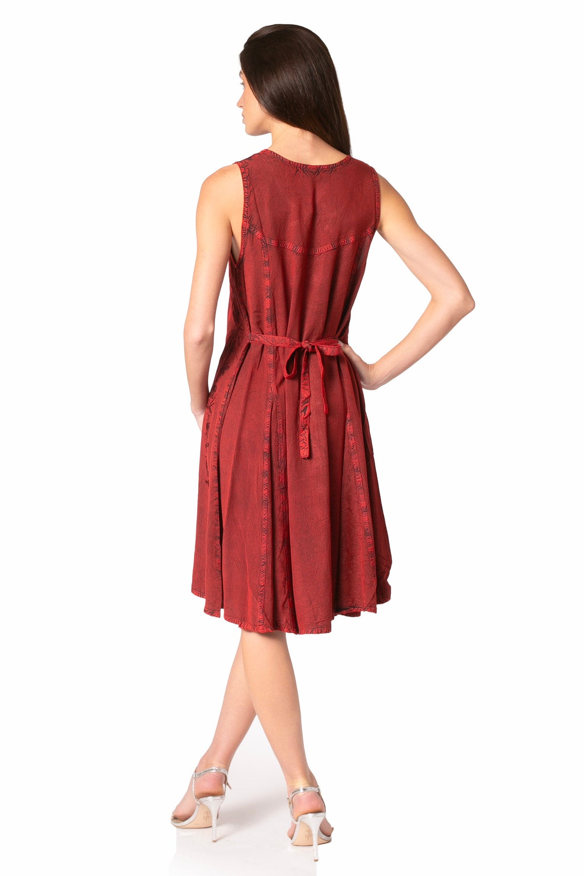 Burgundy sleeveless midi dress with back tie and allover floral embroidery