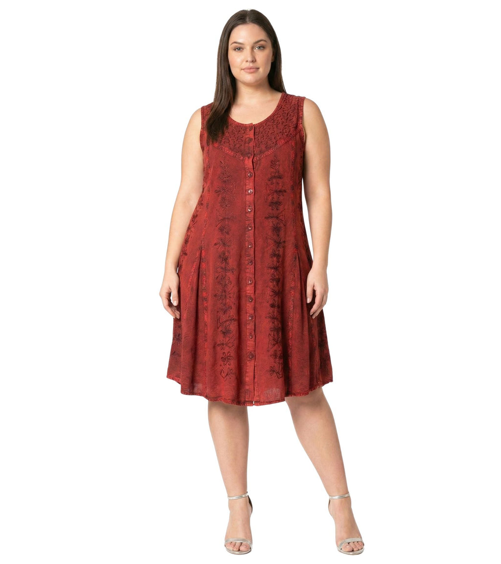 Burgundy sleeveless midi dress with center buttons and detailed floral embroidery