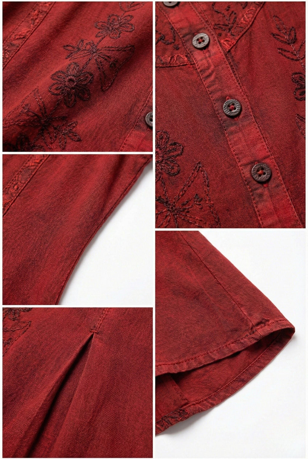 Embroidered sleeveless midi dress, burgundy fabric with button placket detail close-up.
