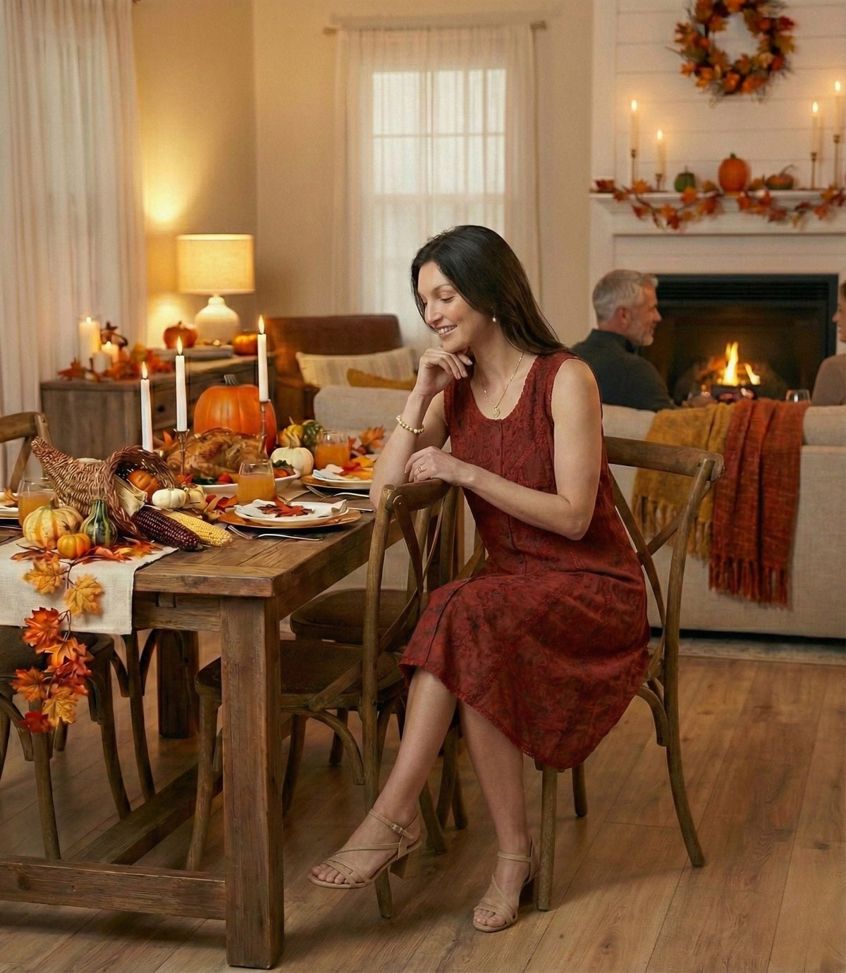 Sleeveless midi button-up dress in burgundy with embroidered pattern; model seated view.