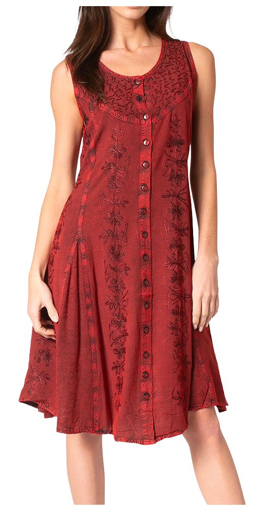 Burgundy sleeveless midi dress with front button placket and floral embroidery