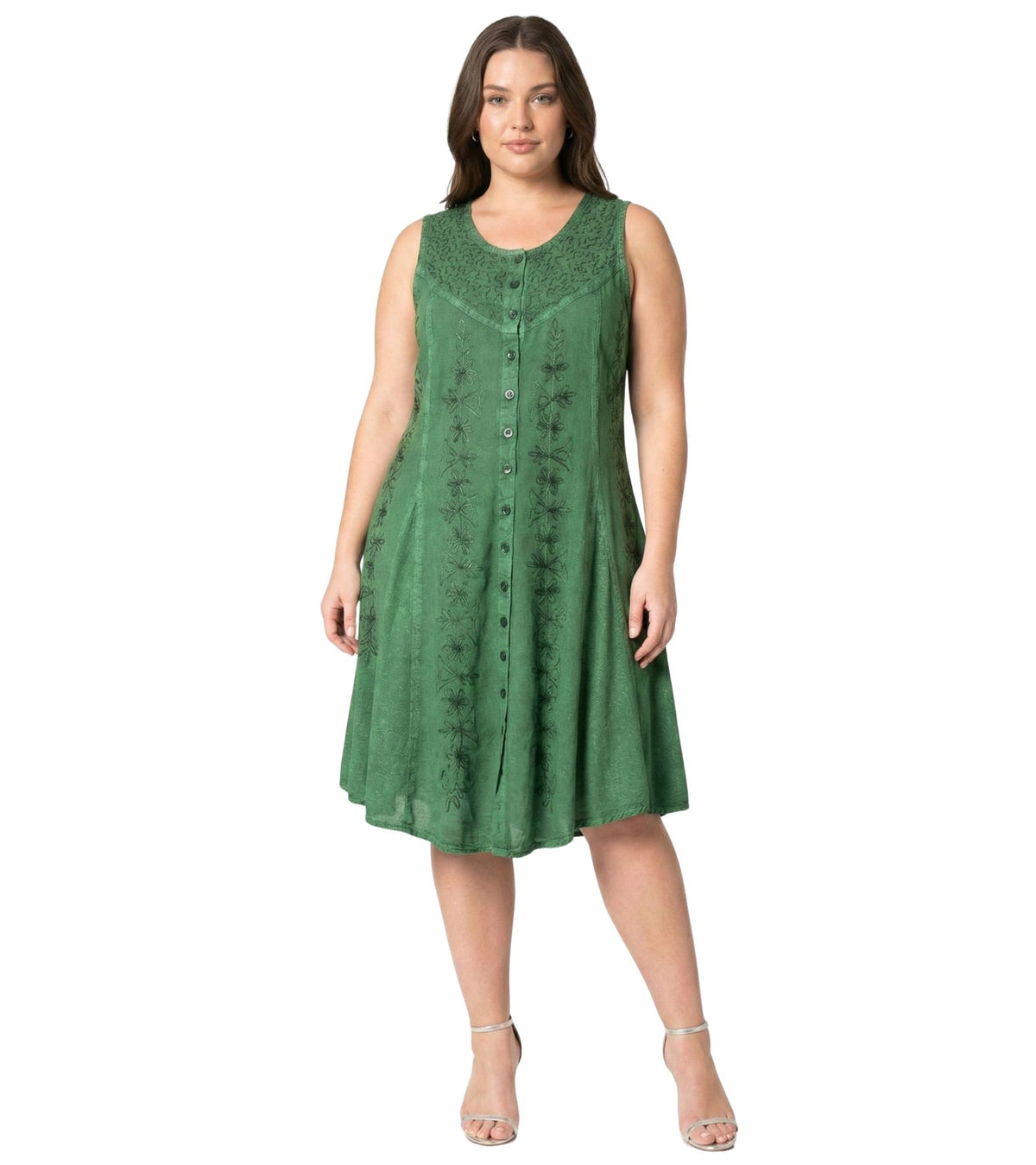 Green embroidered sleeveless midi button-up dress with gathered skirt and round neckline.