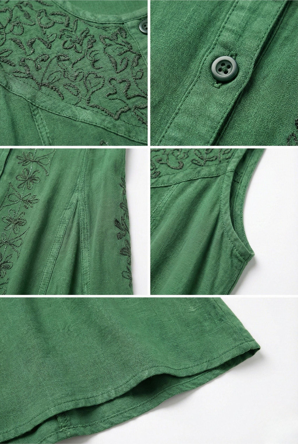 Green embroidered sleeveless midi dress close-up of button placket and stitched hem.
