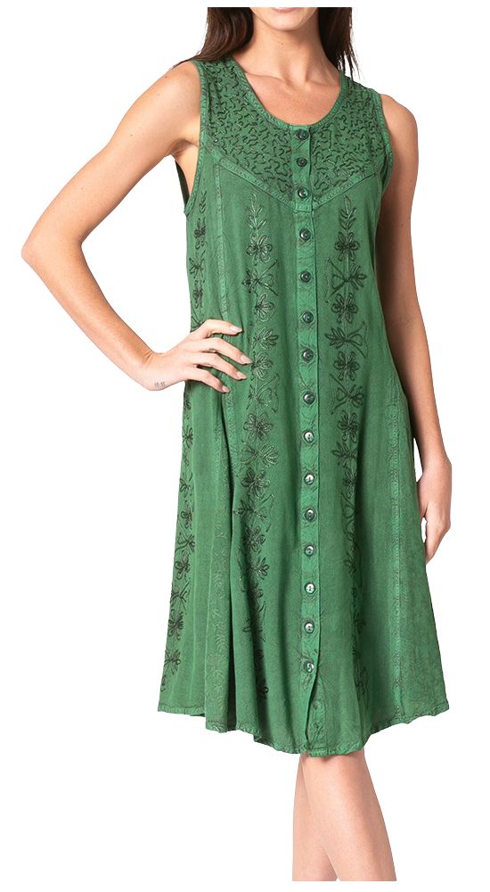 Green sleeveless midi dress with embroidered motifs and button front; scoop neckline.