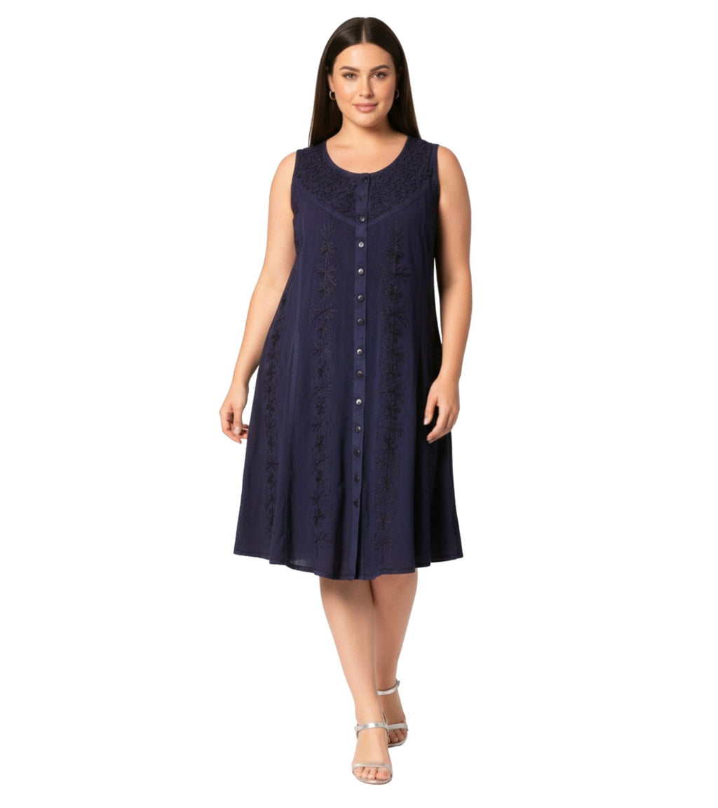 Navy sleeveless midi button-up rayon dress with floral embroidery and front button placket