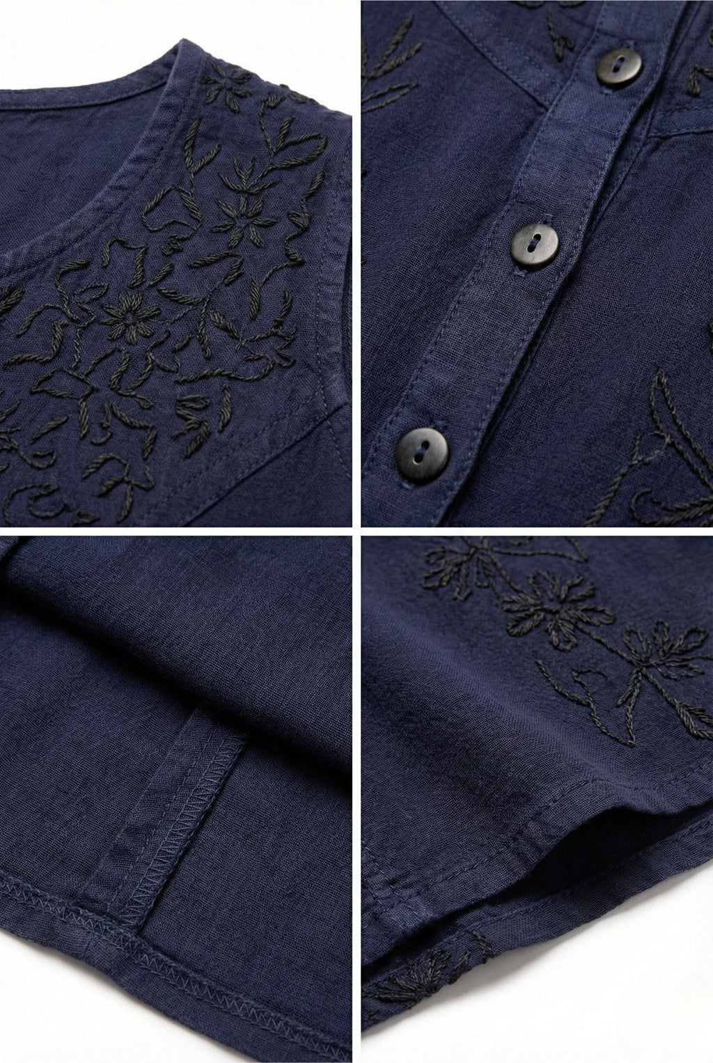 Navy sleeveless dress close-up with floral embroidery and front button placket