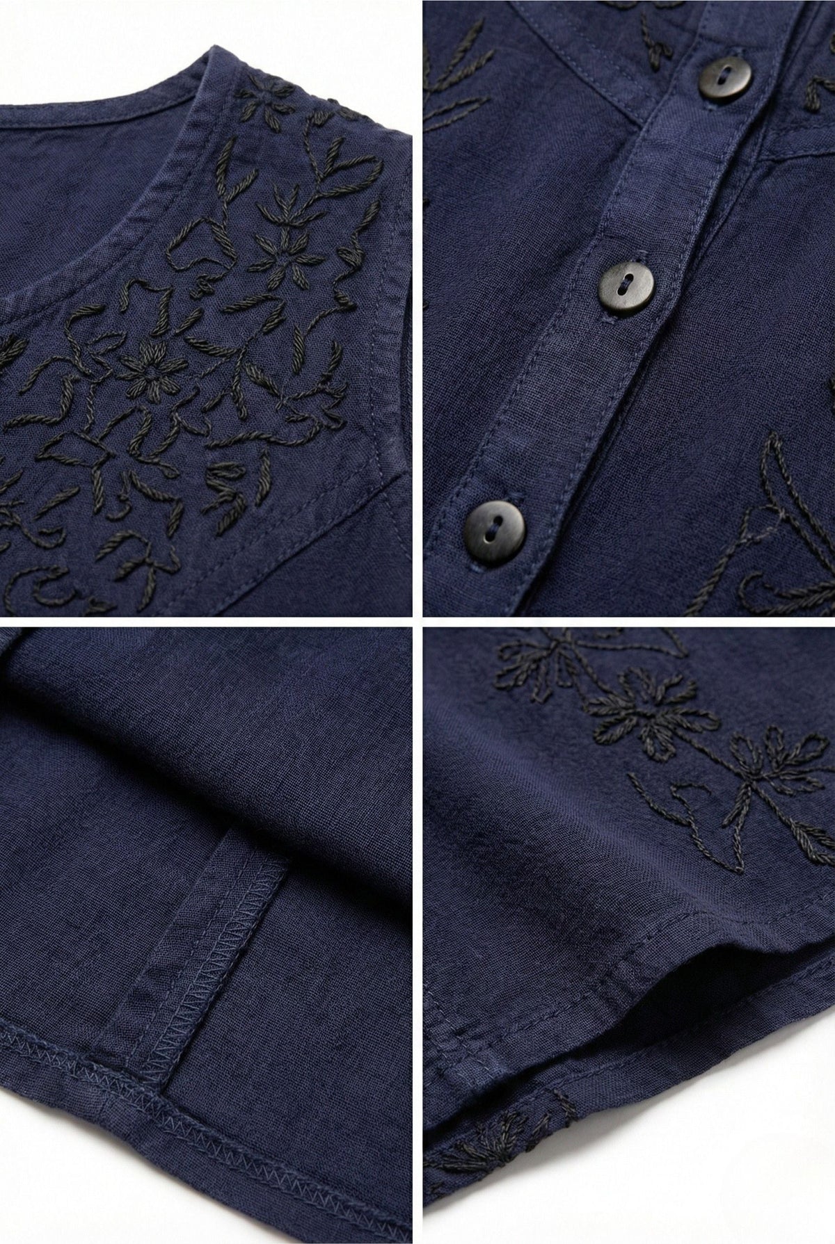 Navy sleeveless dress close-up with floral embroidery and front button placket