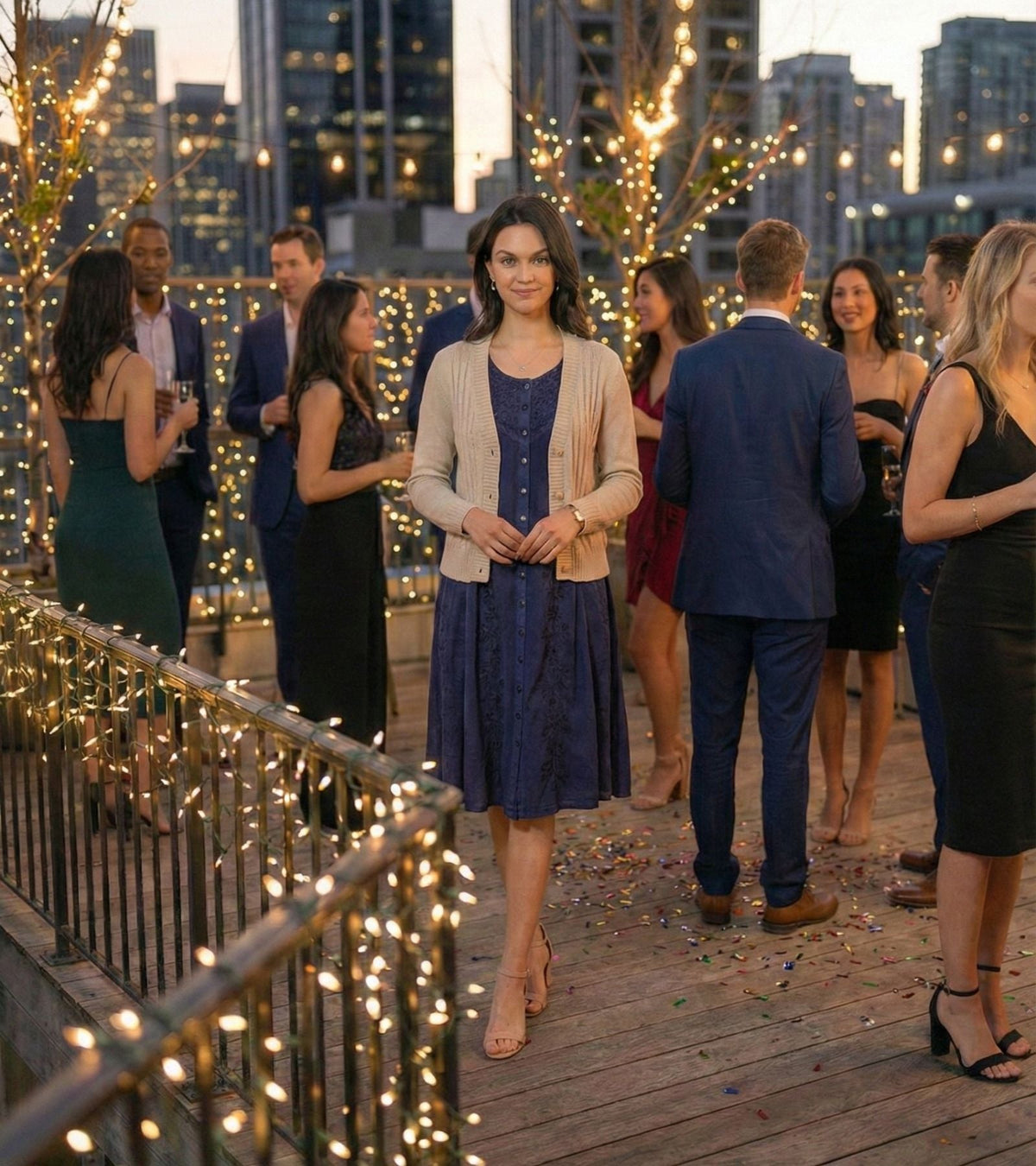 Navy sleeveless midi button-up dress worn with a gathered, flared skirt