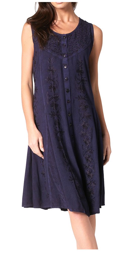 Navy embroidered sleeveless midi dress with button front and round neckline detail.