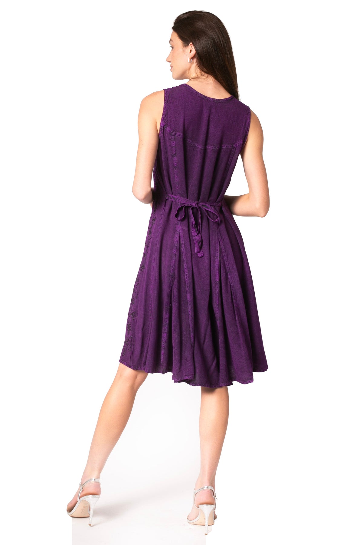 Purple sleeveless midi dress back with gathered waist tie