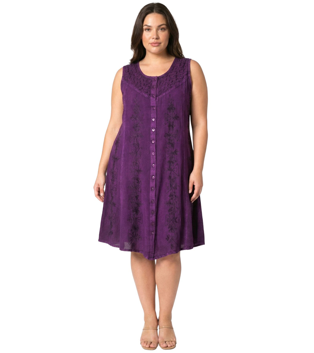 Purple sleeveless midi button-up dress with embroidered floral front and button details