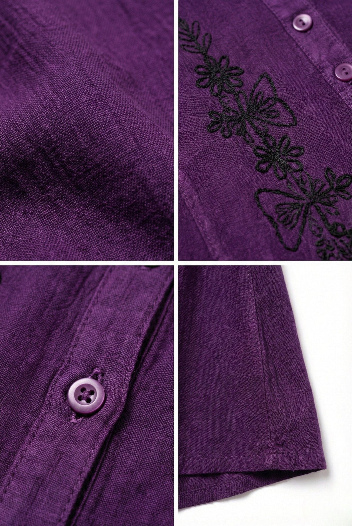 Purple rayon dress close-up with embroidered floral details and round buttons