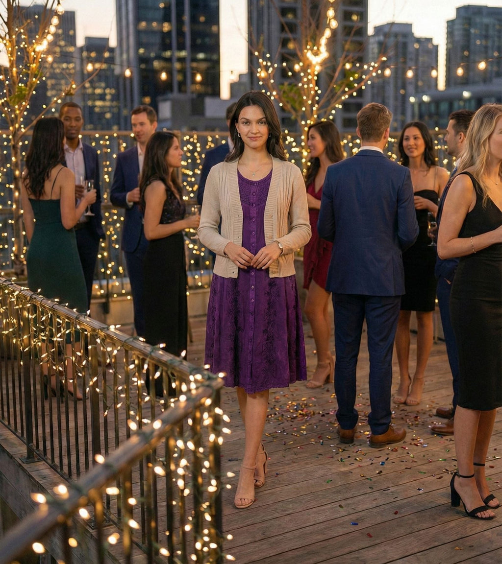 Purple sleeveless midi button-up dress worn by model
