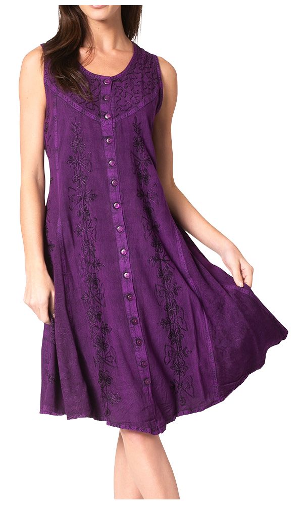 Purple sleeveless midi button-up rayon dress with floral embroidery and front buttons
