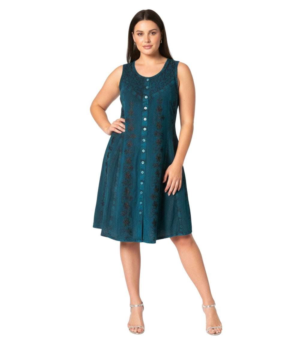 Teal sleeveless midi dress with round neckline, floral embroidery, and button front