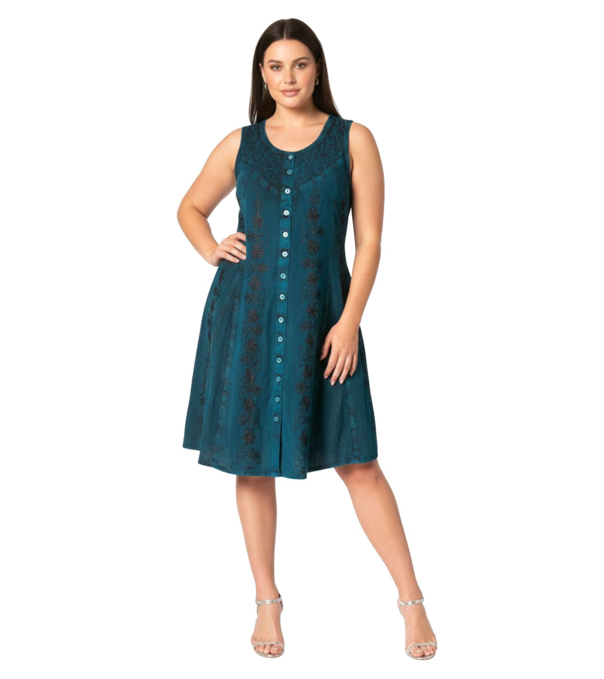 Teal sleeveless midi dress with round neckline, floral embroidery, and button front